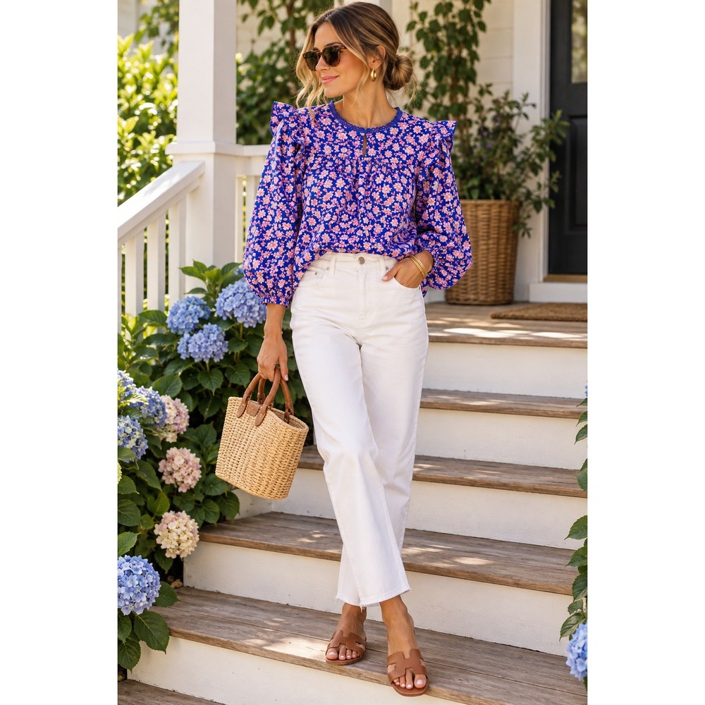 J.Crew Blue Pink Floral Ruffle Shoulder Cotton Blouse Crochet Trim XS